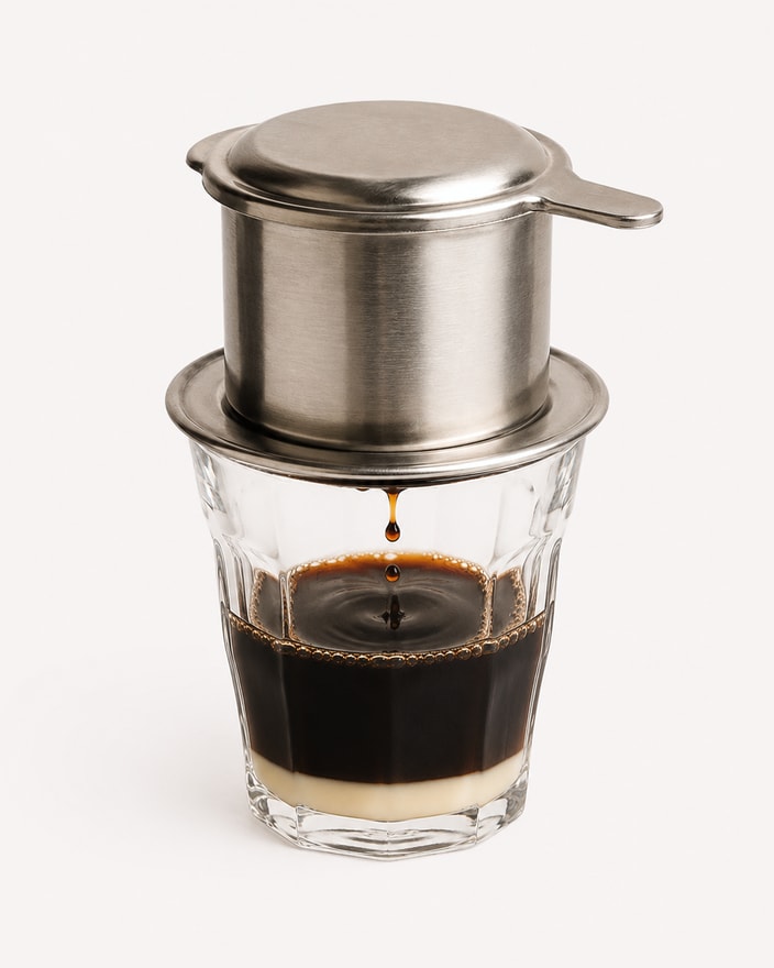 Vietnamese coffee brewing in a phin over a glass